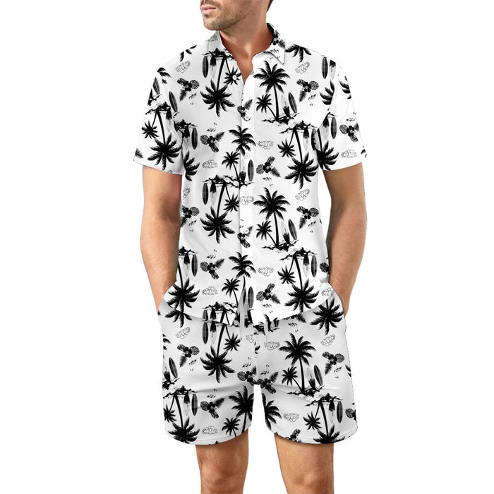 2Pcs Printed Beach Shirt Summer Suit Loose Lapel Button Top And Drawstring Pockets Shorts Casual Short Sleeve Suits For Men Clothing