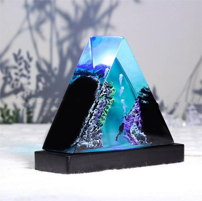 Creative Style Triangle Wooden Small Night Lamp Trench Jellyfish Diver Resin Ambience Light