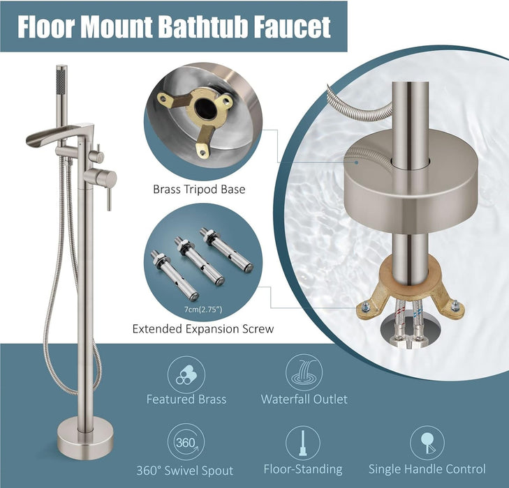 Freestanding Bathtub Faucet Floor Mount Tub Filler Standing High Flow Shower Faucets Shower Mixer Taps Swivel with Cylinder Handheld Brushed Nickel, Waterfall Spout