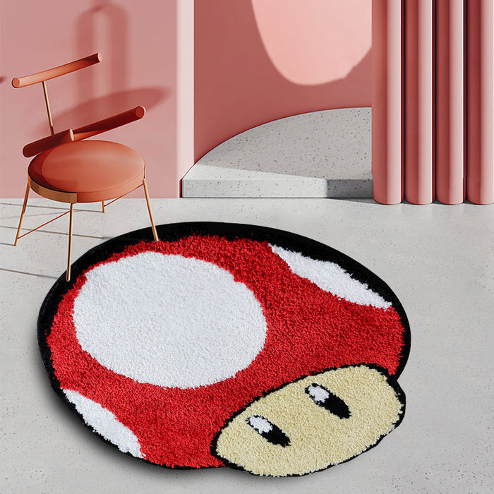 Cute Round Mushroom Bathroom Rug, Red White Mario Character Bath Mat