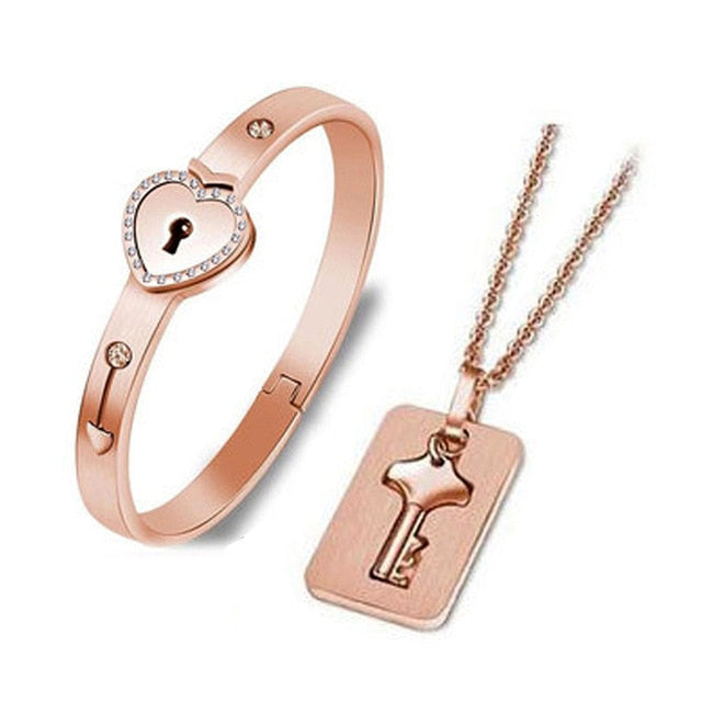 Stainless Steel Love Heart Lock Bangle Bracelet - Okeihouse