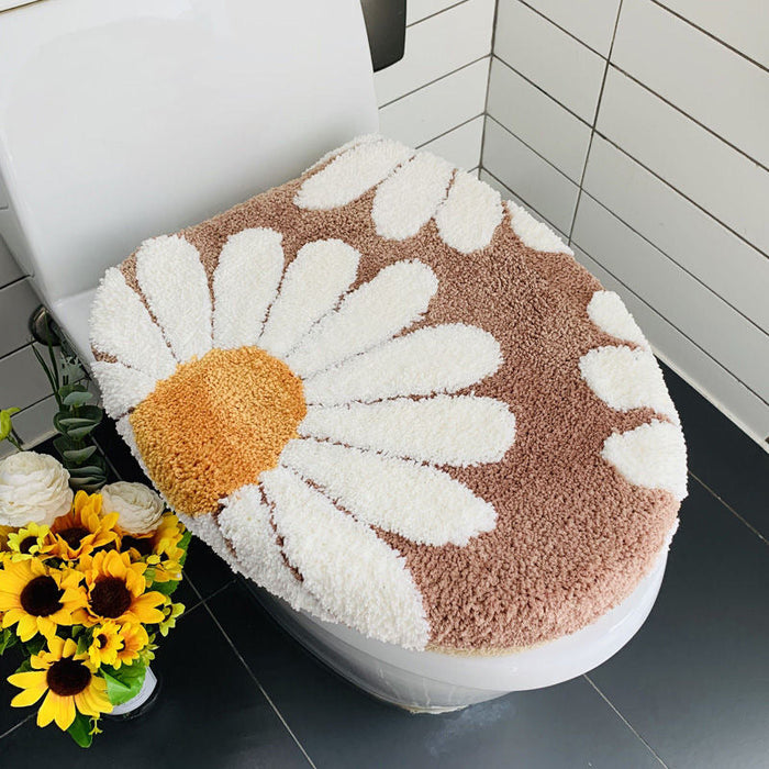 Feblilac Brown Daisy Bath Mat Set, Flower Floral Bathroom Rug Set, Toilet Cover Mat