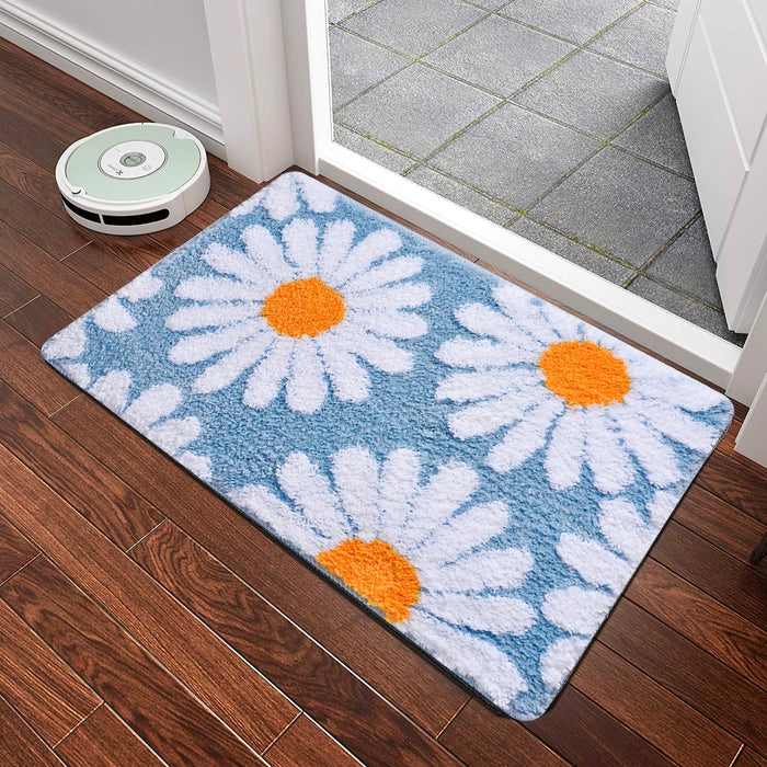 Feblilac Sky Blue Daisy Bath Mat, Flower Floral Bathroom Rug, Soft Plush Water-Absorbent Mat