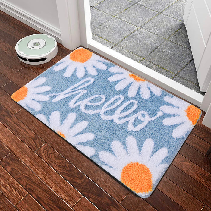 Blue Hello Daisy Bath Mat, Flower Floral Bathroom Rug, Soft Plush Water-Absorbent Mat, 40x60cm or 16x24 inches