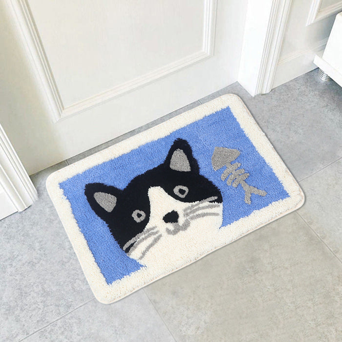 Feblilac Cat and the Fishbone Blue Ground Bath Mat