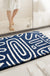 Feblilac Blue and White Abstract Lined Tufted Bathroom Mat Toilet U-Shaped Floor Mat