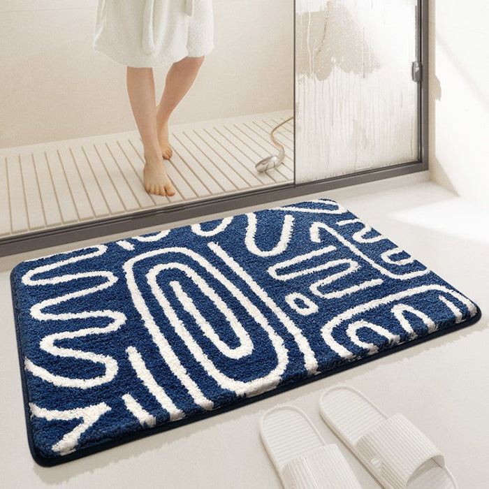 Feblilac Blue and White Abstract Lined Tufted Bathroom Mat Toilet U-Shaped Floor Mat