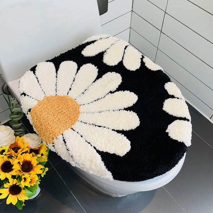 Feblilac Black Bath Mat Set, Flower Floral Bathroom Rug Set, Toilet Cover Mat