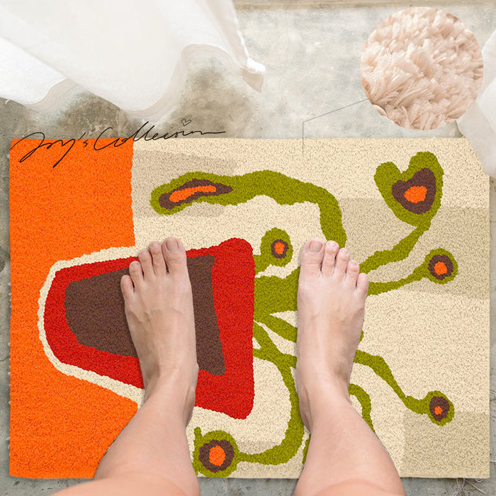 Feblilac Red Vase and Green Plant Tufted Bath Mat