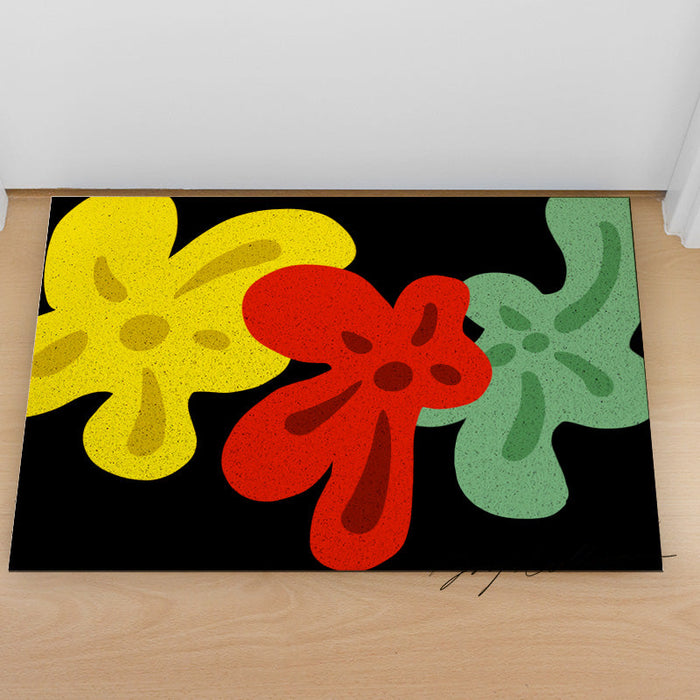 Feblilac Red Yellow and Green Three Flowers PVC Coil Door Mat