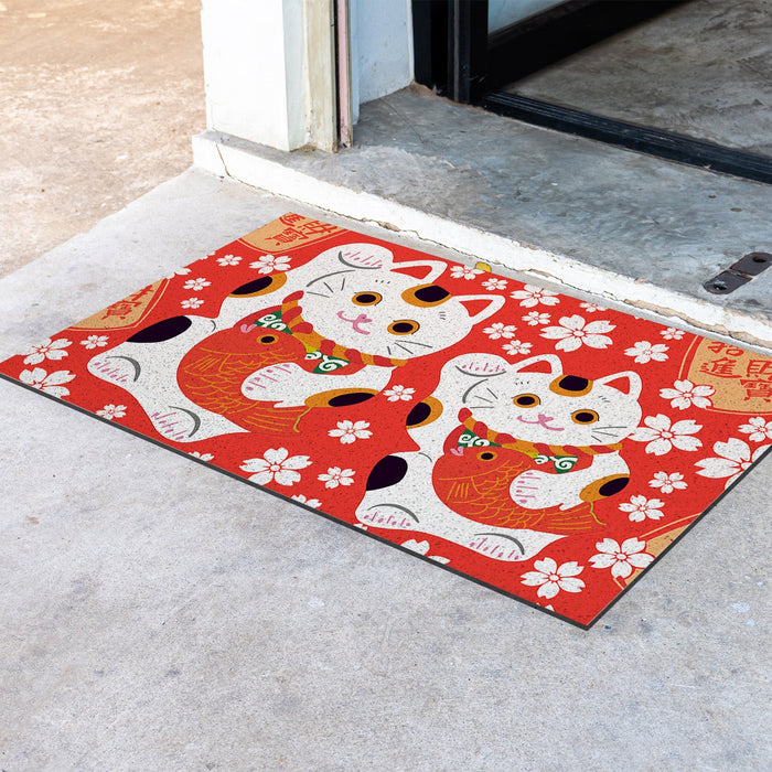 Feblilac Red Background White Sakura Lucky Cat PVC Coil Door Mat