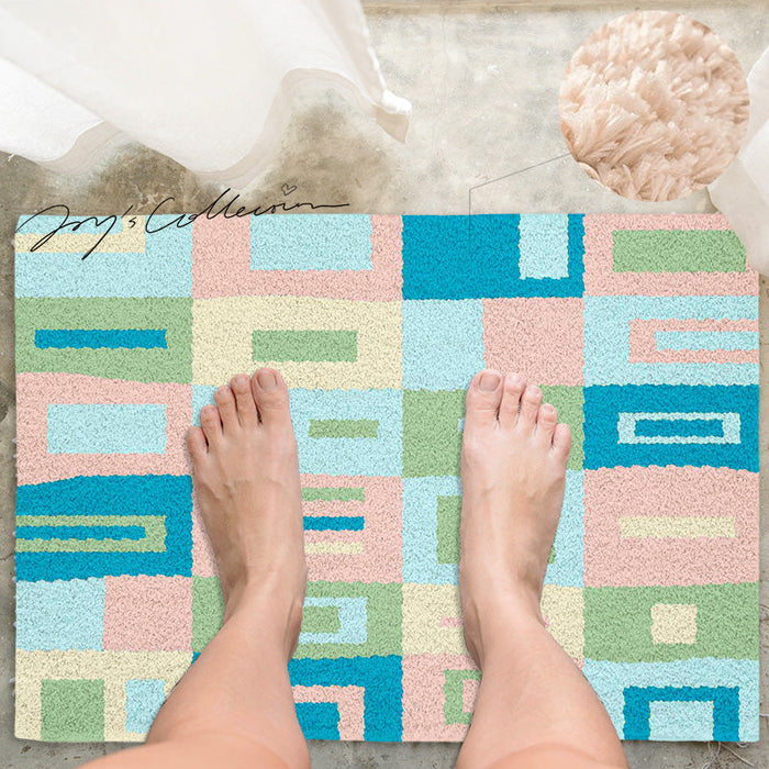 Feblilac Pink and Blue Square Geometric Tufted Bath Mat