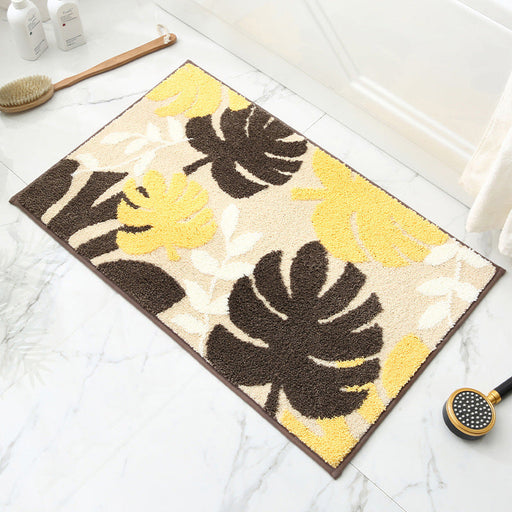 Feblilac White Brown Yellow Monstera Leaves Forest Bath Mat