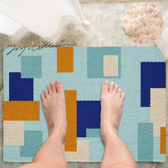 Feblilac Blue and Brown Squares Geometric Tufted Bath Mat