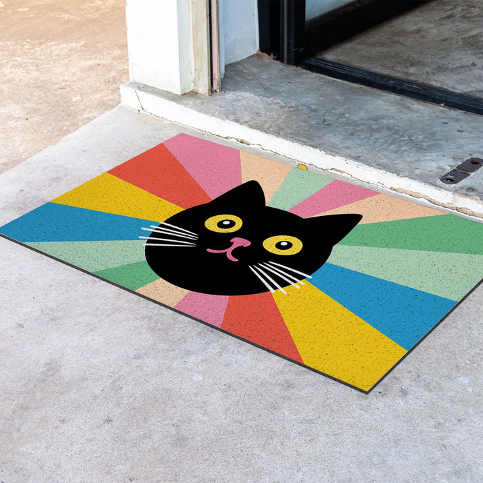 Feblilac Black Cat Colorful Stripes Background PVC Coil Door Mat