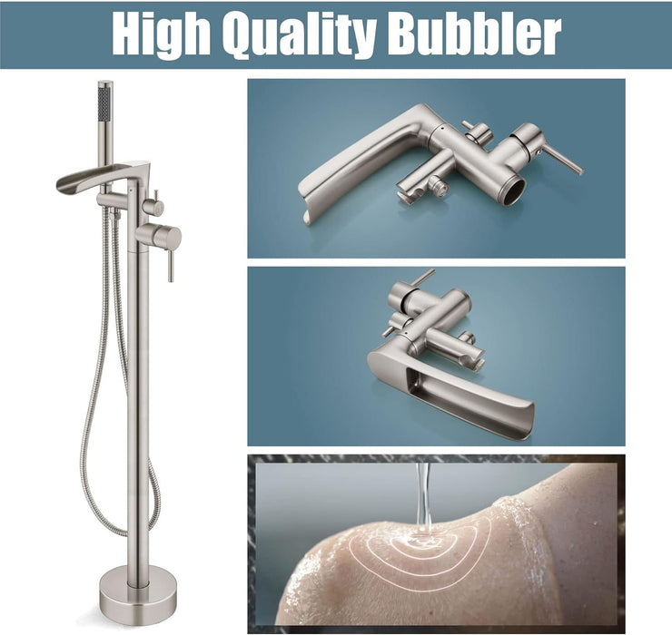 Freestanding Bathtub Faucet Floor Mount Tub Filler Standing High Flow Shower Faucets Shower Mixer Taps Swivel with Cylinder Handheld Brushed Nickel, Waterfall Spout