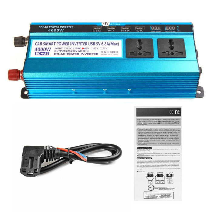 4000W LCD Solor Power Inverter DC 12V/24V/48V To AC 220V Converter 3 Sockets 4 USB Ports