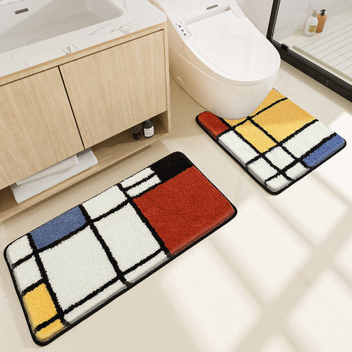 Feblilac Colorful Geometric Square Tufted Bathroom Mat Toilet U-Shaped Floor Mat