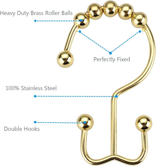 Gold Shower Curtain Hooks Rings, Stainless Steel Shower Curtain Rings, 12Pcs Double Glide Shower Hooks for Bathroom Shower Curtain Rods Dual Rust-Resistant Shower Rings