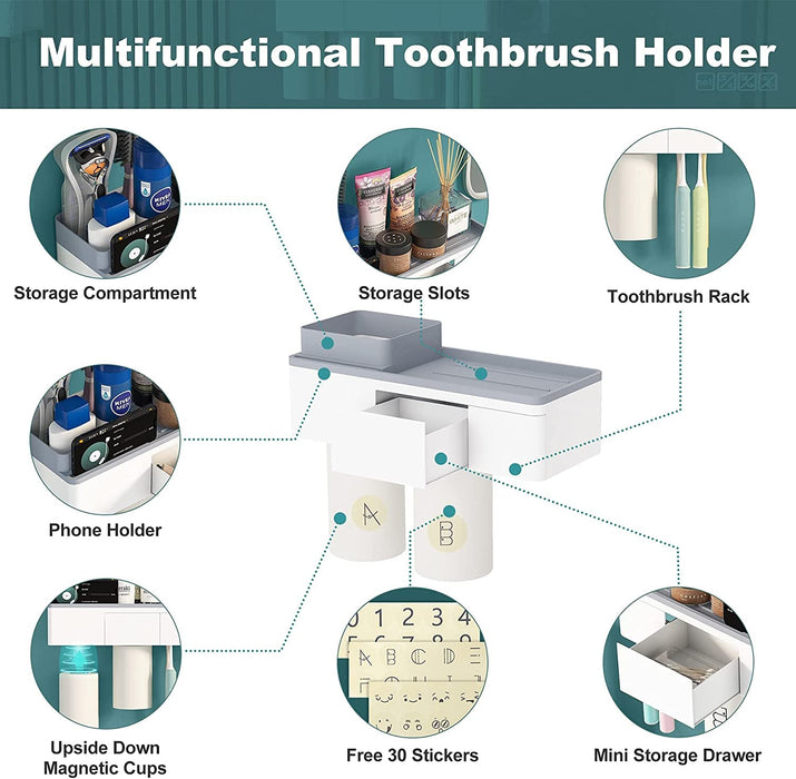 Multifunctional Toothbrush Holder,  Wall Mounted Toothbrush Holder Set with Auto Toothpaste Dispenser, 4 Toothbrush Slots, 2 Cups, Phone Holder & Drawer Organizer for Bathroom & Washroom