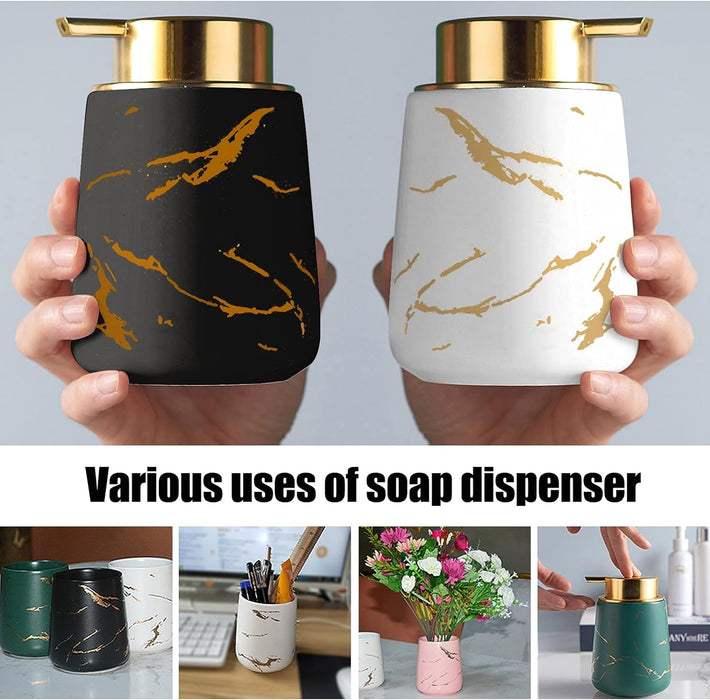 Gold Dish Soap Dispenser for Kitchen Ceramics Hand Soap Dispenser with Marble Veins Lotion Soap Dispenser for Bathroom, 13.5 Oz. (White,1)