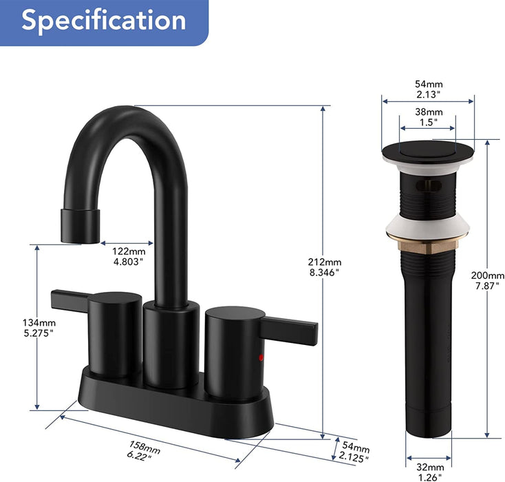 4 Inch 2 Handle Centerset Matte Black Lead-Free Modern Bathroom Faucet, 360 Swivel Spout 2-3 Hole RV Bathroom Vanity Sink Faucet with Pop up Drain and Water Supply Lines，Bf015-1-Mb