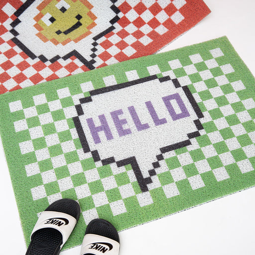 Hello Green Check Door Mat