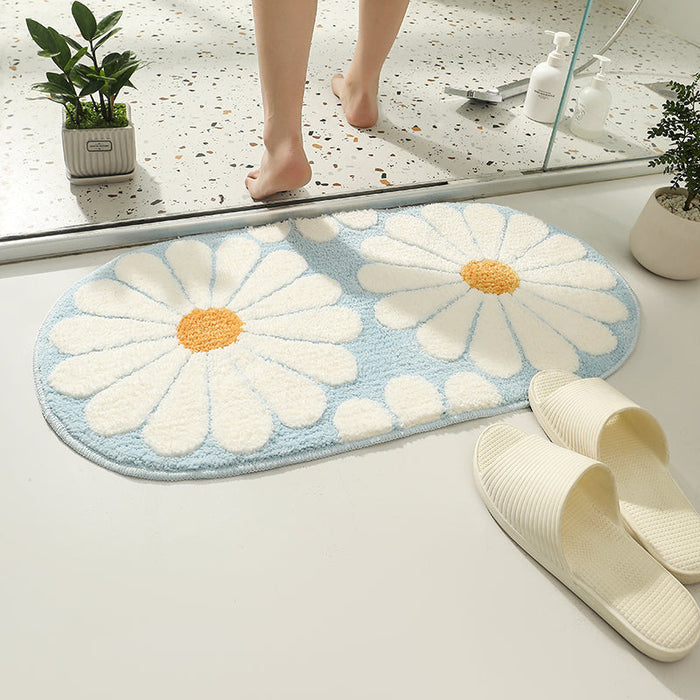 Feblilac Oval Blue Daisy Flower Tufted Bath Mat