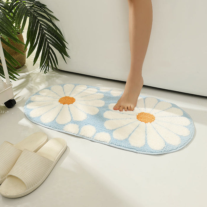 Feblilac Oval Blue Daisy Flower Tufted Bath Mat