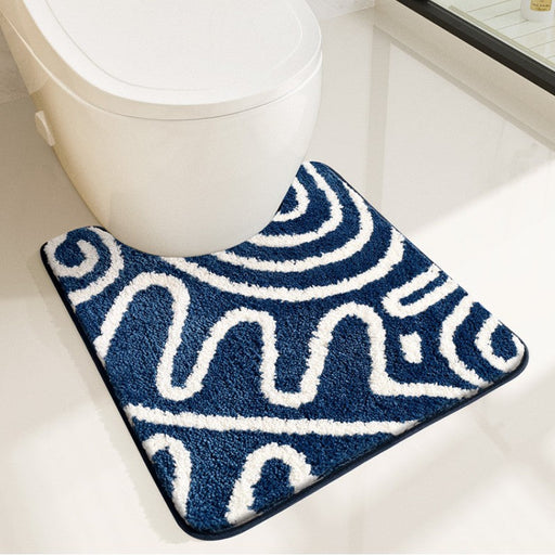 Feblilac Blue and White Abstract Lined Tufted Bathroom Mat Toilet U-Shaped Floor Mat