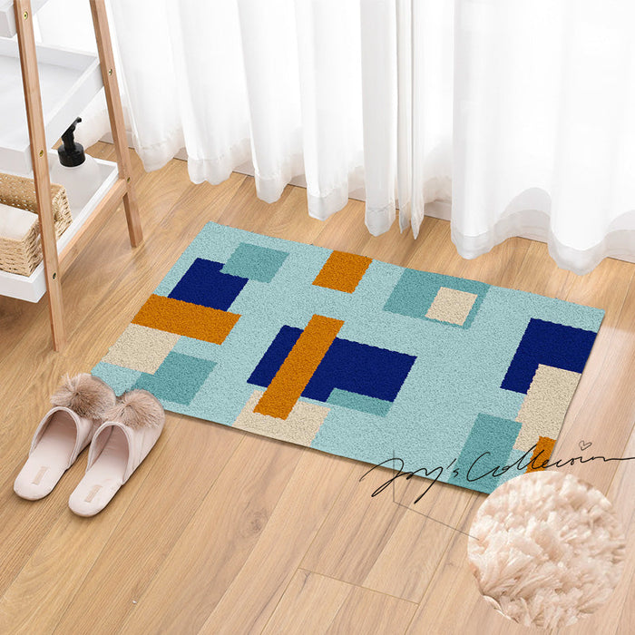 Feblilac Blue and Brown Squares Geometric Tufted Bath Mat