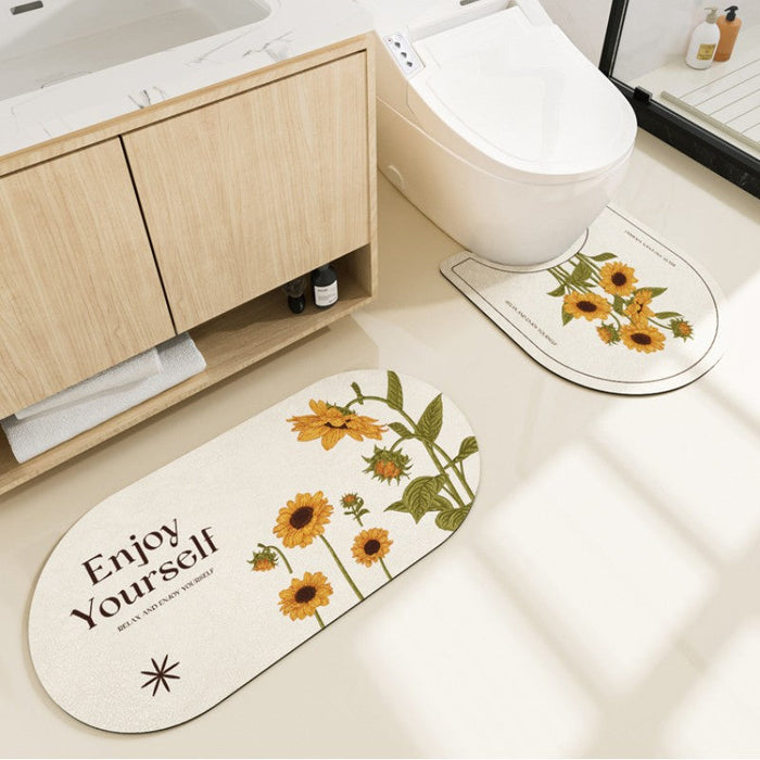 Feblilac Sunflower Oval New Tech Velvet Bathroom Mat Toilet U-Shaped Floor Mat