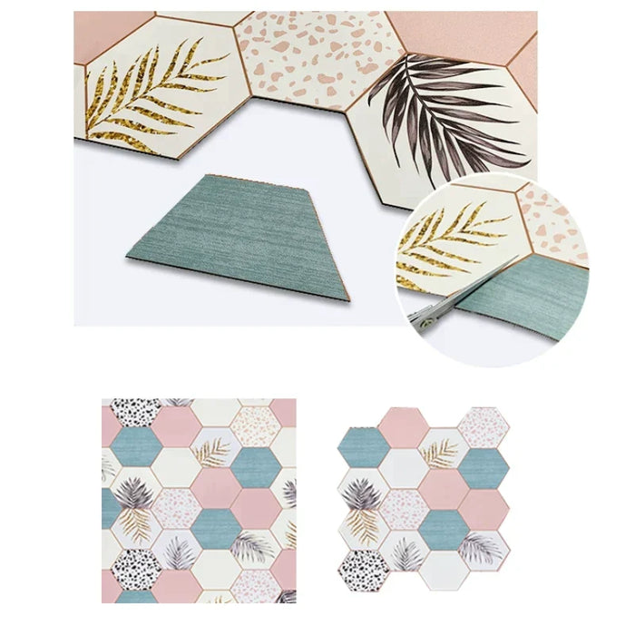 Feblilac Irregular Geometric Hexagon Pink Blue Leaves Pattern PVC Leather Door Mat