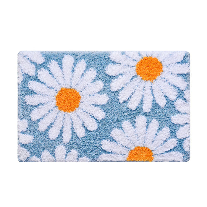 Feblilac Sky Blue Daisy Bath Mat, Flower Floral Bathroom Rug, Soft Plush Water-Absorbent Mat