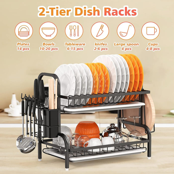 Dish Drying Rack, 2-Tier Dish Racks For Kitchen Counter, Sink Dish Drainer With Drainboard, Utensil Holder And Cutting Board Holder, Stainless Steel Kitchen Drying Rack-Black