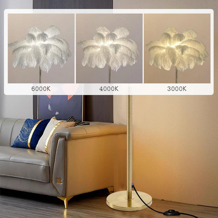 Feather Lamp Natural Ostrich Feather Floor Lamp 62.99Inch Tall Standing Lamp for Bedroom, Funky White Feather Light Gold Floor Lamps Girl Bedroom Living Room Lamp for Nightstand Elegant Decor