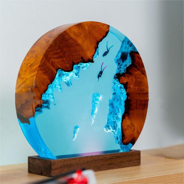 Epoxy Solid Wood Resin Marine 3D Diver Jellyfish Handmade Night Light