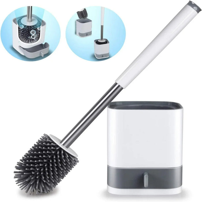 Toilet Brush and Holder Set, Bathroom Toilet Bowl Brush and Caddy Cleaner anti Slip with Sturdy Soft Silicone Bristle Removable Water Drawer Quick Drying (White)