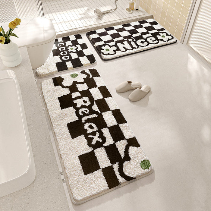 Feblilac Checkerboard and Flower Tufted Bath Mat U-shape Toilet Floor Mat