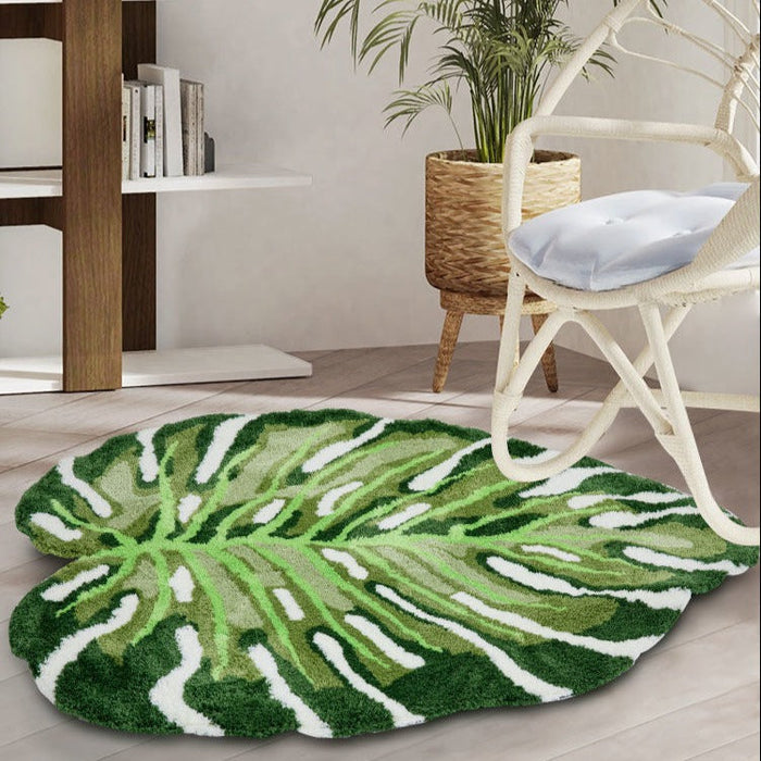 Feblilac Tropical Green Leaves Bath Mat, Monstera Leaf Rug for Bedroom