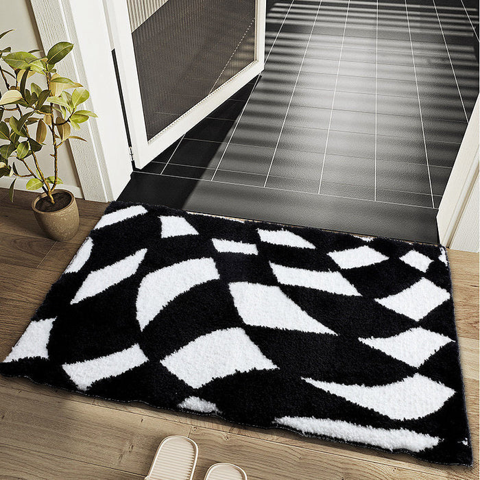 Feblilac Black and White Checkerboard Bath Mat, Abstract Curly Mat Rug