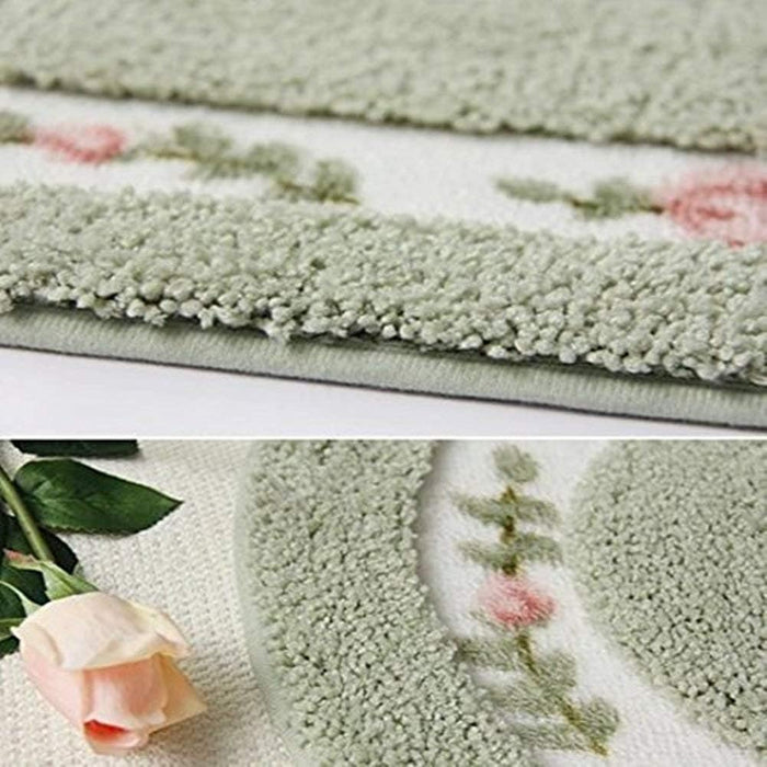 Feblilac Green Flower Tufted Bathroom Mat Toilet U-Shaped Floor Mat