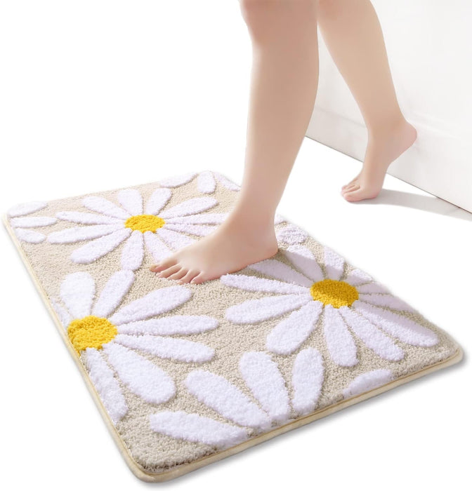 Pink Bathroom Rugs Cute Daisy Bath Mat White and Yellow Flower Decor Rug Non Slip Floor Carpet Microfiber Bathmat Super Absorbent Machine Washable Bahtub Mats for Shower, Tub, Bedroom 16"x 24"