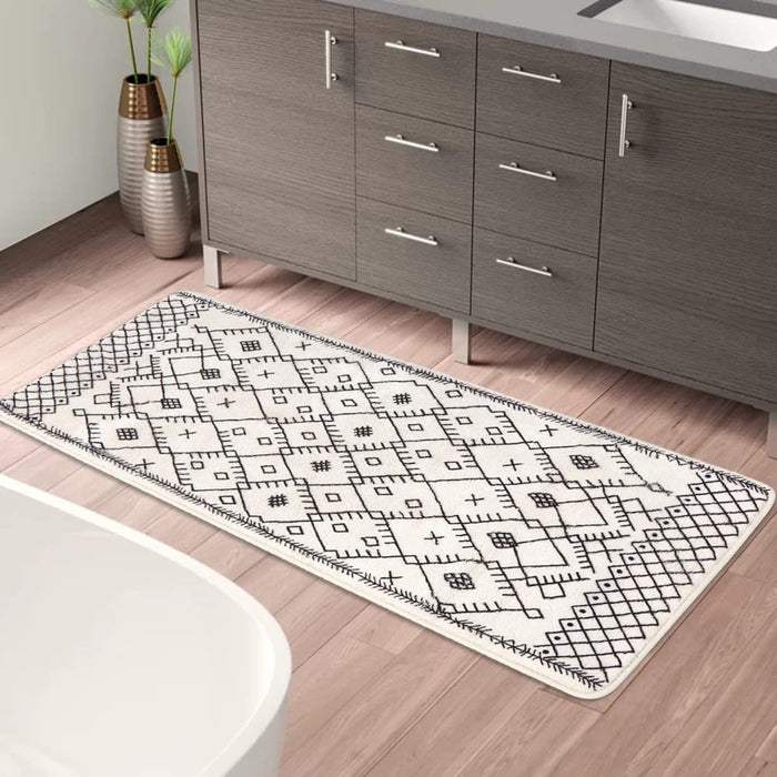 Geometric Bathroom Runner Rug, Boho Long Bath Mat