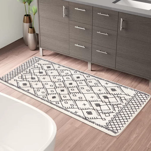 Geometric Bathroom Runner Rug, Boho Long Bath Mat