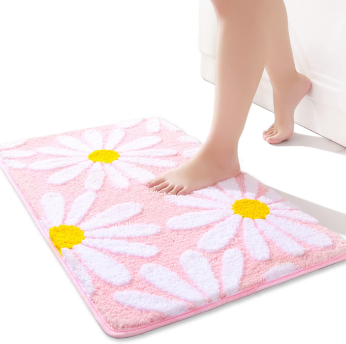 Pink Bathroom Rugs Cute Daisy Bath Mat White and Yellow Flower Decor Rug Non Slip Floor Carpet Microfiber Bathmat Super Absorbent Machine Washable Bahtub Mats for Shower, Tub, Bedroom 16"x 24"