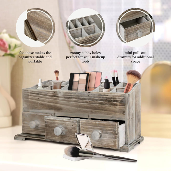 Rustic Vanity Organizer for Cosmetics, Makeup, and Bathroom Accessories, Wooden Farmhouse Storage Box with 3 Drawers, Vintage Countertop, Dresser, or Desk Organization