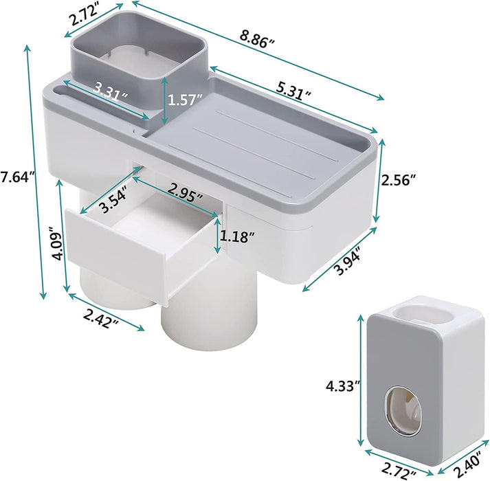 Multifunctional Toothbrush Holder,  Wall Mounted Toothbrush Holder Set with Auto Toothpaste Dispenser, 4 Toothbrush Slots, 2 Cups, Phone Holder & Drawer Organizer for Bathroom & Washroom