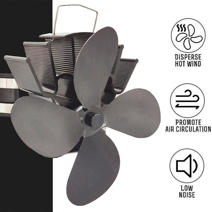 Powered Stove Fan 4 Blade Wood Stove Fans Aluminium Silent Eco-Friendly for Wood Log Burner Fireplace (Black)