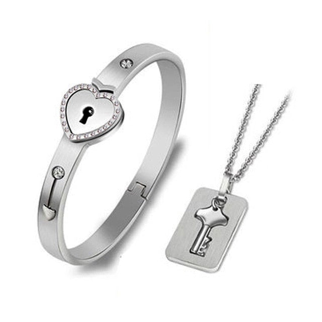 Stainless Steel Love Heart Lock Bangle Bracelet - Okeihouse